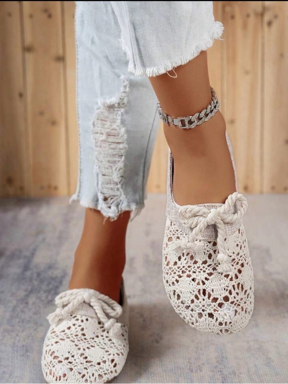 NEW ARRIVAL Casual Crochet Slip-On Flats in Cream - Picture 4 of 8